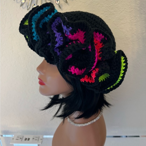 Handmade Colorful Crochet Cover Up and ruffled bucket hat. Size small - Picture 6 of 7